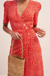 Floral Short Sleeve V-neck Midi Dress Red